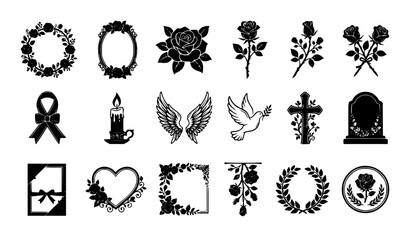 Obraz premium Funeral and Memorial Black Rose Floral Frame Vector Icon Set for Obituary Condolence and Sympathy Card Design