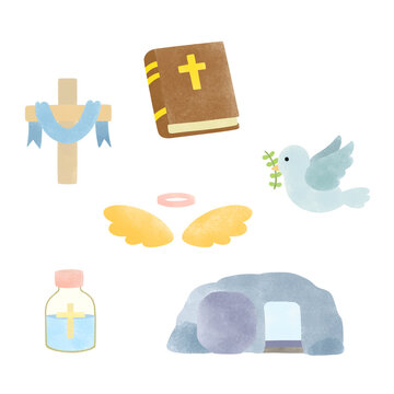 Watercolor Christian vector collection set. Hand drawn religious elements for sunday school, greeting card, religion design