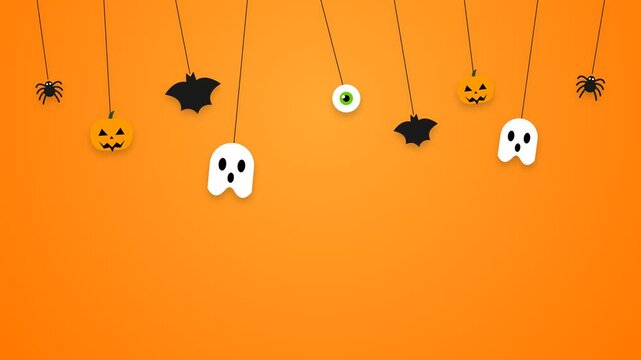 Hanging halloween props on orange background, swinging papercraft ghosts pumpkins bats motion graphics