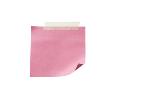 Single pink sticky note with curled edge and tape isolated on transparent background for design mockups