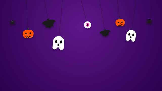 Hanging halloween props on purple magic background, swinging papercraft ghosts bats motion graphics