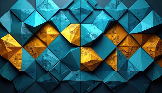 Geometric shapes in blue and gold.