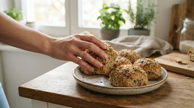 Person reaching for freshly baked bread in a cozy bakery setting
