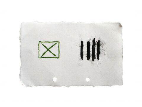 Fragment of white paper with a green checkbox and black tally marks isolated on transparent background for planning