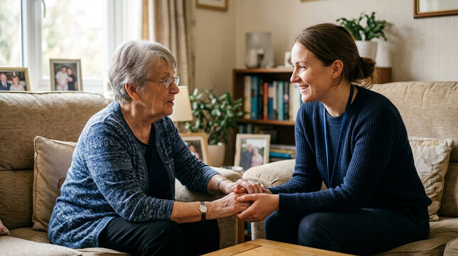 Caring woman holding senior's hand, offering comfort and support at home.