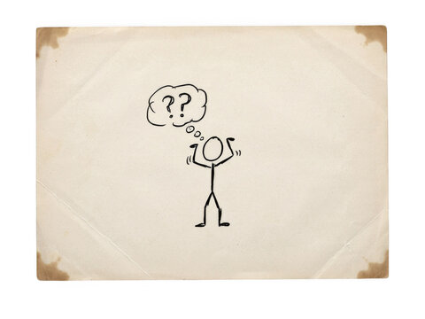 Vintage aged paper with hand drawn stick figure asking a question isolated on transparent background for concepts