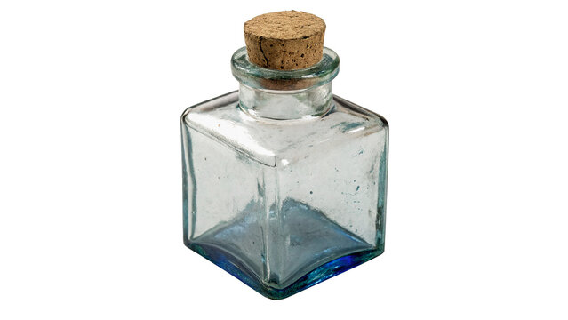 Empty vintage square glass bottle with traditional cork stopper vial for pharmaceutical alchemy isolated on transparent background cut out