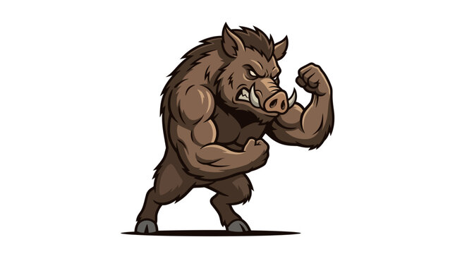 Anthropomorphic muscular wild boar mascot flexing biceps. Cartoon hog character with tusks and brown fur. Aggressive fitness gym logo illustration isolated on white background.