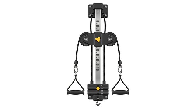 Wall mounted cable pulley machine. Adjustable resistance exercise equipment for home gym.