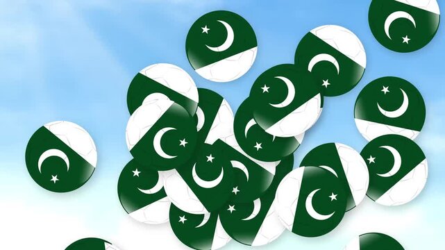 Falling Soccer Balls with Pakistan Flag Pattern Against Cloudy Blue Sky