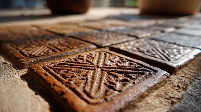 Exquisite Terra Cotta Tiles Featuring Intricate Geometric Relief Carvings and Weathered Textures for Architectural Restoration and Historical Design Inspiration