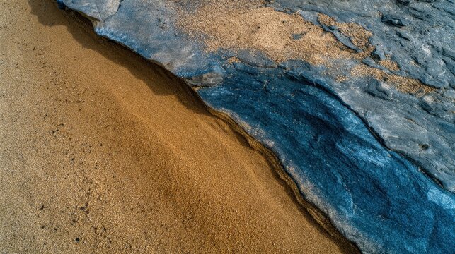 A poetic convergence of golden desert grains and ancient azure stone, capturing the raw, elemental dialogue between shifting sands and resilient geological formations on a rugged shoreline.