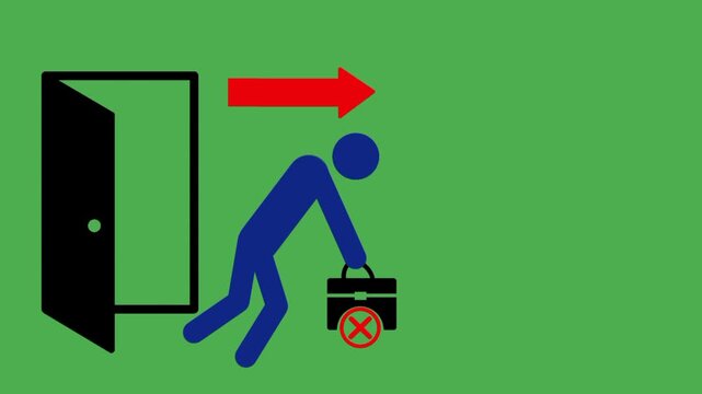 Employee layoff icon featuring a person leaving through a door while holding a briefcase. Suitable for employment termination, career transition, and workforce reduction concepts.