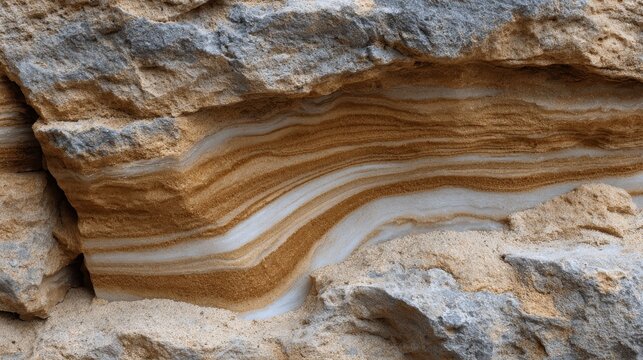 Natural Geological Sedimentary Strata Layers Showing Earth's Ancient Mineral Deposits and Erosion Patterns in a Detailed Close-up Rock Formation Texture