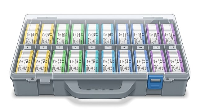 Medical suture organizer box. Surgical thread storage case for hospital operating rooms.