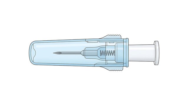 Safety needle device with protective cap. Medical syringe component for clinical injection.