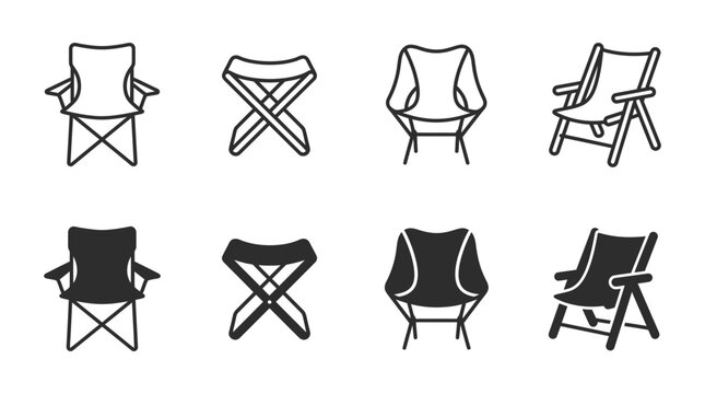 Various folding camping chairs and lightweight outdoor seating icon set with furniture recreation portable adventure