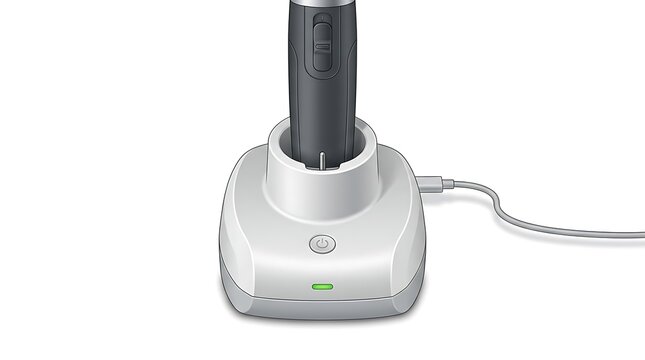 Portable otoscope in charging base. Medical diagnostic device recharging on white background.