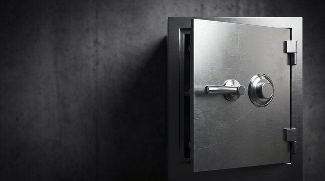 open steel safe box against dark concrete wall financial security concept photo
