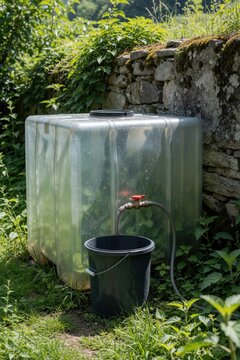 Large plastic water tank collects rainwater. Hose connects to tap. Black bucket sits below, ready for water. Outdoors, green foliage, stone wall background.