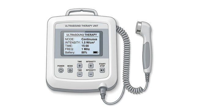 Portable ultrasound therapy unit. Medical device for physical rehabilitation and pain relief.