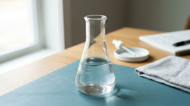 Clear Liquid in Erlenmeyer Flask on Wooden Tabletop