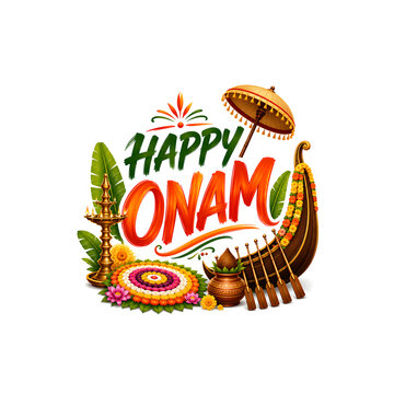  Happy Onam poster design celebrating Kerala culture with traditional elements and greenery.