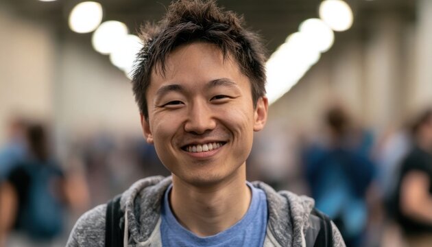 Smiling young asian man with short messy dark hair wearing a gray hoodie in a busy indoor setting with blurred lights