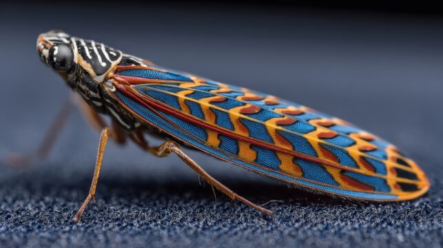 Exquisite Leafhopper Insect with Intricate Blue and Orange Wing Patterns Captured in Extreme Detail