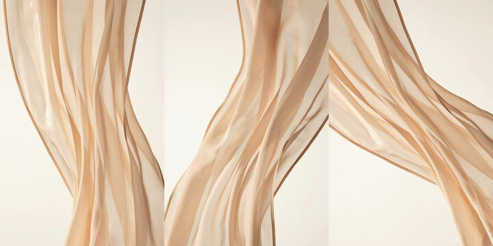 Vertical triptych of flowing beige fabric drapes with soft lighting and smooth wavy textures