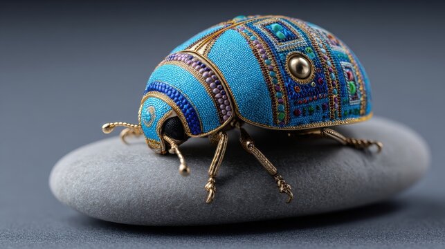 Exquisite Miniature Jewel-Like Beetle Brooch with Intricate Gold and Blue Beadwork