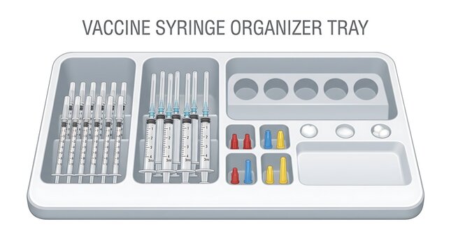 Vaccine syringe organizer tray. Medical plastic storage for immunization needles and vials.