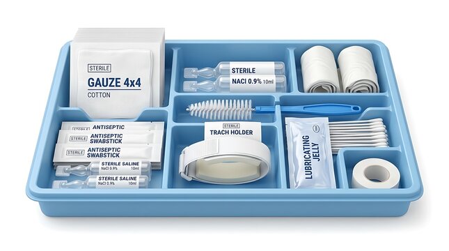Tracheostomy care tray with medical supplies. Sterile surgical kit for airway management.