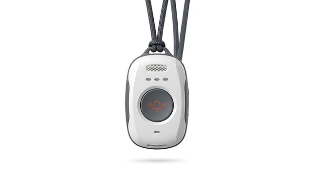 Wearable fall detection pendant. Personal emergency response system for elderly safety.