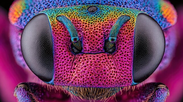 Extreme Macro Photograph of an Insect's Intricate Compound Eye with Vibrant Iridescent Facets