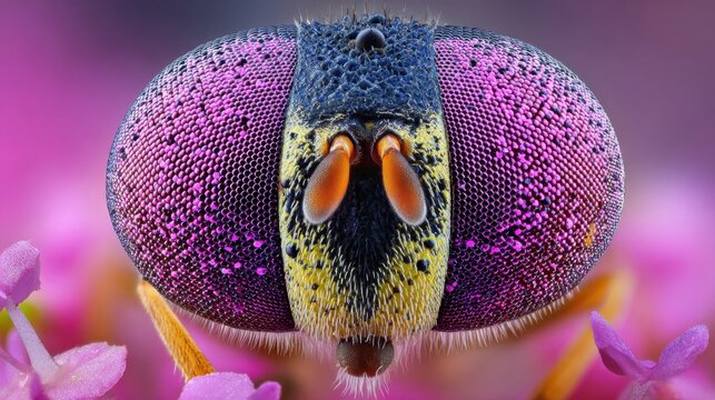 Extreme Macro View of a Hoverfly Insect's Compound Eye Showing Purple and Yellow Facets