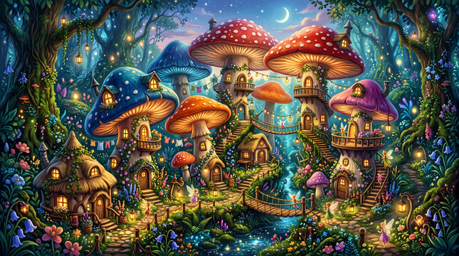 A peaceful village built inside giant colorful mushrooms, tiny fairy homes, glowing lanterns, flowers everywhere, magical forest, fantasy