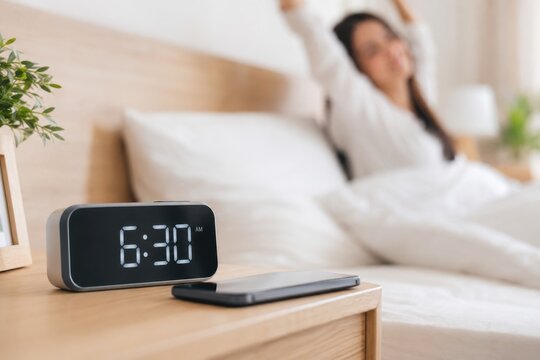 Young woman stretching in bed after waking up, with alarm clock and phone on nightstand.