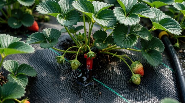 Close view of strawberry plant roots receiving water from red drip emitter. System irrigates young fruit and green leaves. Black ground cover aids growth.