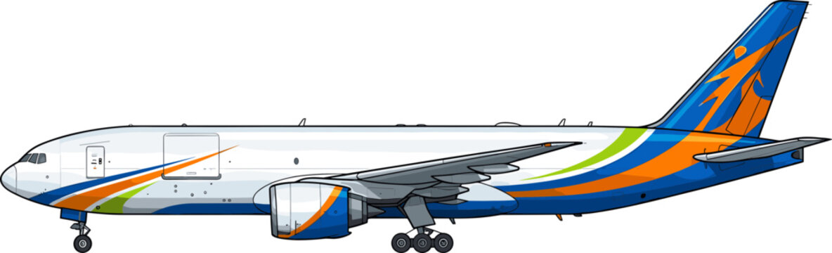 Commercial cargo freighter airplane side view vector illustration isolated on transparent background