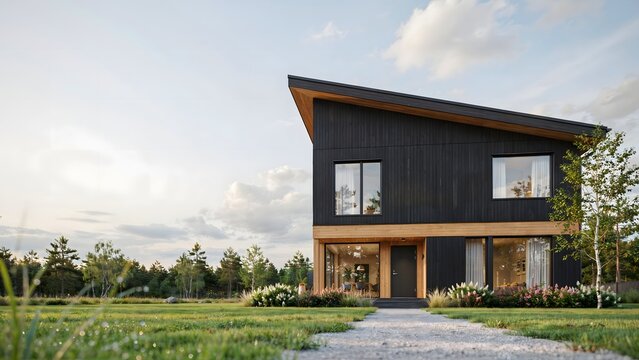 Modern black clad country house with an asymmetrical roof and wide lawn