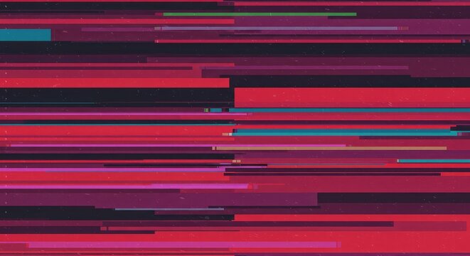 A vibrant, abstract digital background featuring horizontal lines, distorted color blocks, and visual noise creating a broken screen effect, vibrant, interference, error