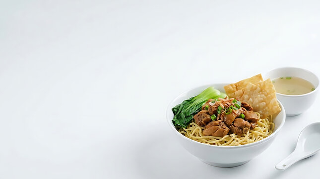 Chicken noodle bowl with side soup on white background.