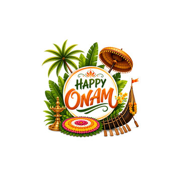 ​Colorful Happy Onam festival celebration illustration featuring Kerala culture, palm trees, and traditional brass lamp.