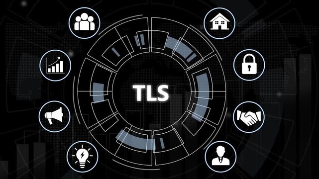 Advanced tls transport layer security protocol concept featuring animated digital interface for cybersecurity, data encryption, network privacy, secure online communication, and corporate digital