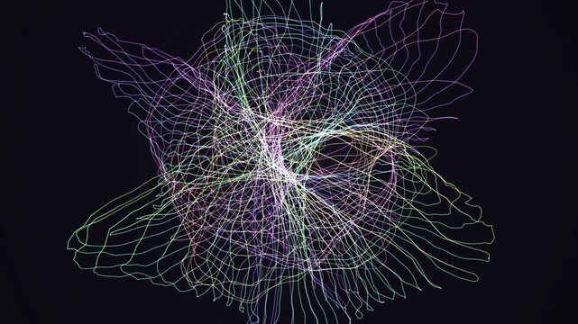 Abstract 4K UHD loop featuring a glowing chrome hopf fibration morphing through an abstract topology field drifting in hypnotic slow motion. Ideal for projection mapping, data visualization. 4K UHD.