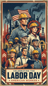 Celebrating Labor Day American Worker Vintage Propaganda Poster Style Illustration with Diverse Workers, American Flag and Factory Smokestacks, Retro WPA Design for USA Labor Day Celebration