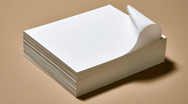 Stack of blank white paper sheets with curled corner on beige surface