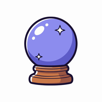 A glowing purple crystal ball resting on a wooden pedestal isolated on a white background for magic and fortune telling.