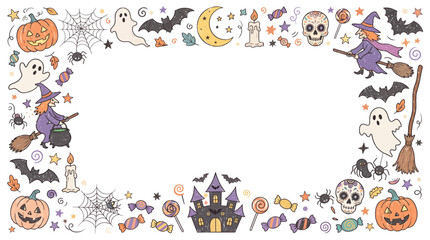 Fototapeta premium Halloween Themed Illustration Frame with Spooky Hand Drawn Decorative Elements